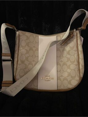 Coach Beige Signature Canvas Crossbody with Chalk Center Stripe